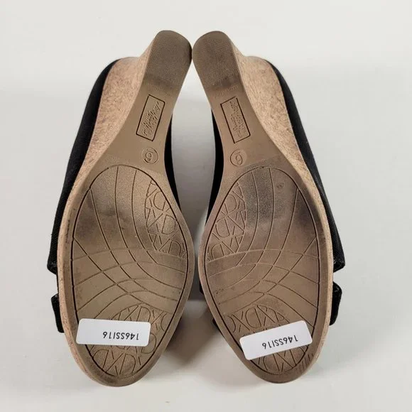 DexFlex Comfort Black Canvas Cork Wedge Peep Heels Shoes Women Size 6 - Picture 11 of 11